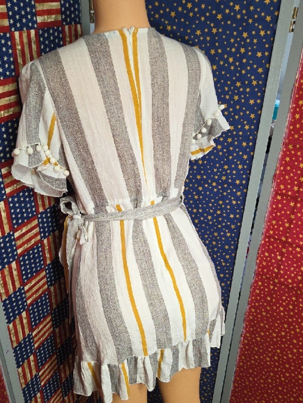Simplee Apparel White, Gray & Mustard Striped Wrap Mini Dress - Picture 7 of 9